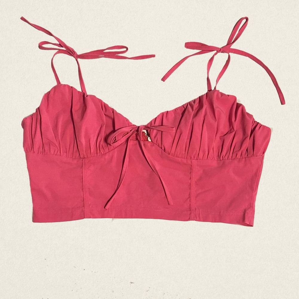 PrettyLittleThing pink shoulder tie coquette feminine romantic corset crop top